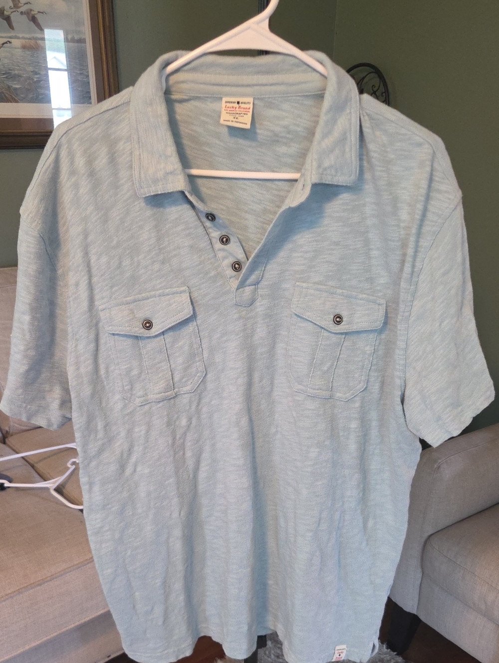 Lucky Brand Pale Blue Short-Sleeve Henley Polo with Chest Pockets